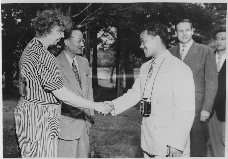 Eleanor Roosevelt hosting a UNESCO visit to Val-Kill in Hyde Park, New York